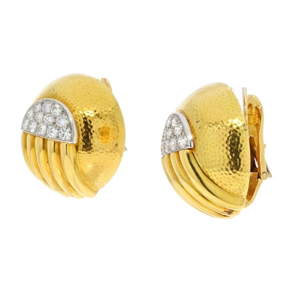 David Webb 18K Gold Platinum And Diamond Round Dome Articulated Clip Earrings - Picture 4 of 4